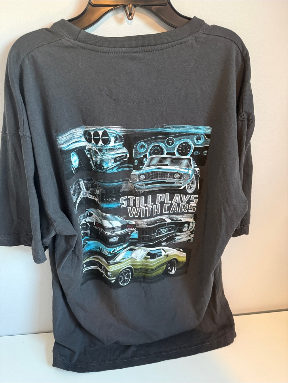 Newport Blue “Still Plays with Cars” Charcoal Tee with Mustangs